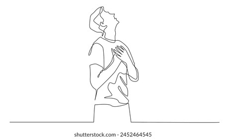 continuous line.man praying holding chest facing up.sincerity of young man's prayer.line vector illustration.isolated white background