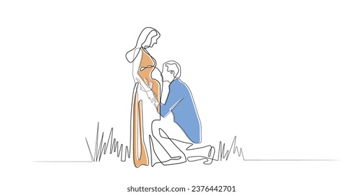 línea continua de la sesión fotográfica del embarazo.línea simple vector del marido y la mujer capturando el momento del embarazo.hombre besando el estómago de la esposa.fondo blanco aislado