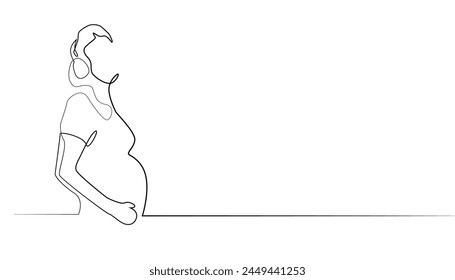 continuous line of pregnant woman and listening to music.one line drawing of pregnant woman enjoying music with headphones.single line vector illustration.
