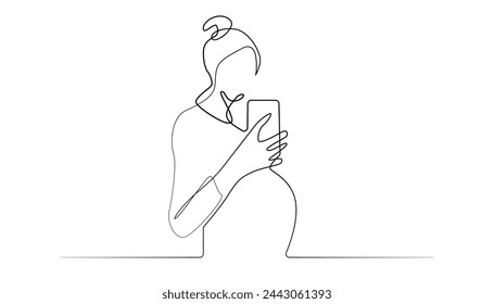 continuous line of pregnant woman taking self-portrait.one line drawing of pregnant woman taking self-portrait with smartphone camera.single line vector illustration.isolated white background