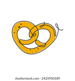 Continuous line pretzel. Fresh pastry, bakery symbol. One line art bread. German or Austrian snack. Vector illustration.