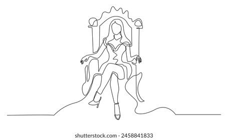 línea continua de la princesa sentada en el trono. línea única de la joven catik feliz reina real. sentado en la silla de la reina. dibujo de la línea de Vector