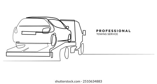 continuous line professional car towing service.one line drawing of towing car.single line vector illustration of car towing business.car towing damaged or accident.isolated white background