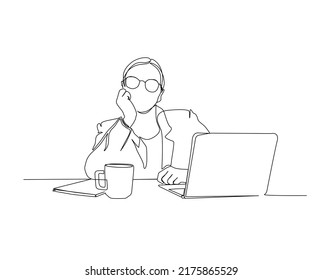 Continuous line of professional young business woman thinking in front her laptopnotebook with coffee on the table. One line drawing woman working on laptop computer 