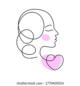 Continuous line profile, fashion concept, minimalist print of a girl with a heart, vector illustration.