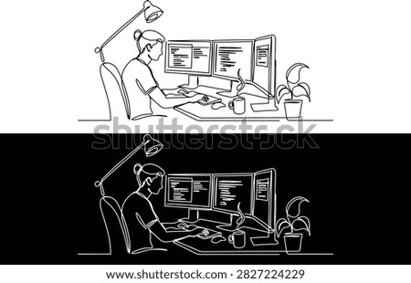 Continuous line of a programmer working at a desk with multiple monitors