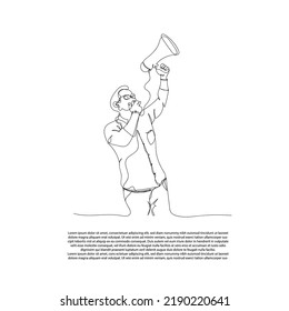 continuous line of protesters carrying loudspeakers. line drawing of political lawsuit