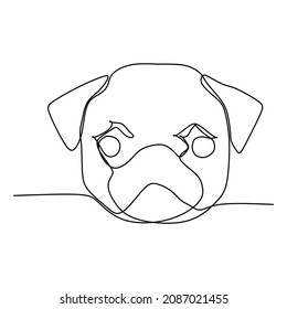 Continuous line, Pug dog headshot. Drawing of set Pet. Vector illustration one line drawing.