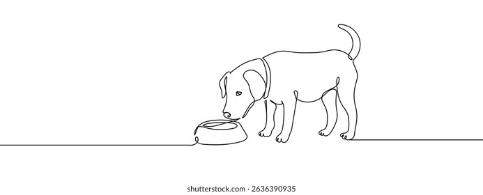 Continuous line, puppy and dog food bowl line art vector.
