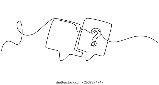 Continuous line question mark drawn single black line One line drawing vector illustration, Speech bubbles with question and exclamation mark continuous one line drawing. Chat linear symbol. Dialogue