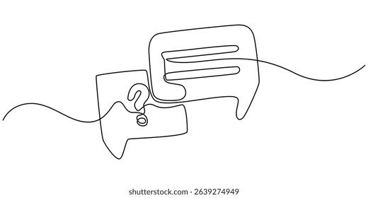 Continuous line question mark drawn single black line One line drawing vector illustration, Speech bubbles with question and exclamation mark continuous one line drawing. Chat linear symbol. Dialogue