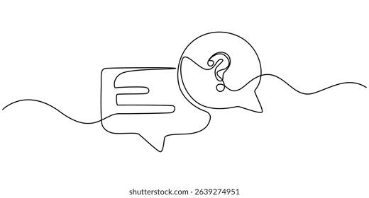 Continuous line question mark drawn single black line One line drawing vector illustration, Speech bubbles with question and exclamation mark continuous one line drawing. Chat linear symbol. Dialogue