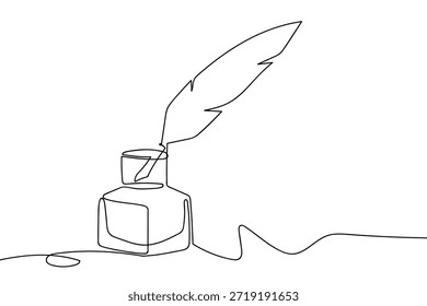Uma linha contínua de uma caneta de pena mergulhada em tinta de um frasco de tinta. Ilustração gráfica vetorial de design de desenho de linha única.