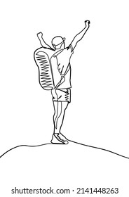 continuous line reaching the mountain peak, single line art, one line traveller, hike. Vector graphic.