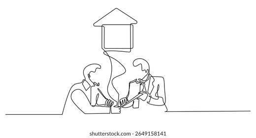 seguro imobiliário de linha contínua.desenho de linha única da pessoa sênior consultoria sobre seguros de habitação questão.consultor financeiro agente.ilustração vetor de linha única