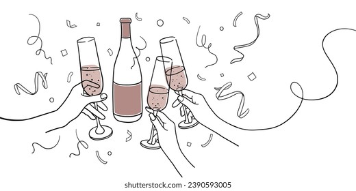 La línea continua de champán rojo anima el arte de una línea, contorno continuo de dibujo sobre fondo blanco. 3 Gafas de vino con bebidas. Saludos por la decoración festiva para las vacaciones. Ilustración del vector