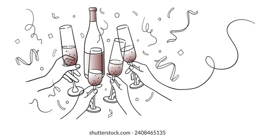 Continuous line red champagne cheers one line art, continuous drawing contour on white background. 4 Wine glasses with drinks. Cheers toast festive decoration for holidays. Vector illustration
