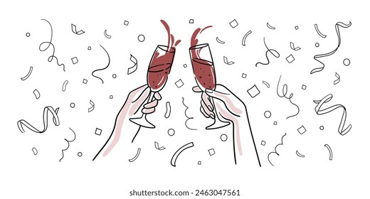 Continuous line red champagne cheers one line art, continuous drawing contour. 2 hands toasting with red wine glasses with drinks. Cheers toast festive decoration for holidays. Vector illustration	