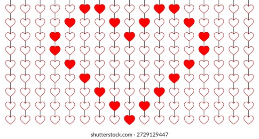 Kontinuierliche Linie roter Herzen, die eine elegante Girlande und einen nahtlosen Rahmen für Valentinstag-Dekorationen, Hochzeitseinladungen, Banner und transparente Vektorfeiern-Layouts bildet

