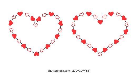 Kontinuierliche Linie roter Herzen, die eine elegante Girlande und einen nahtlosen Rahmen für Valentinstag-Dekorationen, Hochzeitseinladungen, Banner und transparente Vektorfeiern-Layouts bildet
