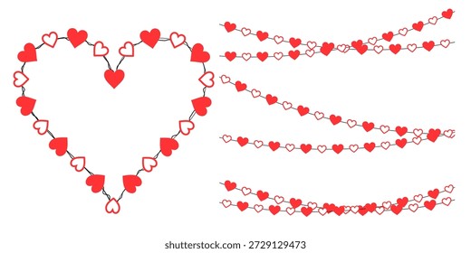 Kontinuierliche Linie roter Herzen, die eine elegante Girlande und einen nahtlosen Rahmen für Valentinstag-Dekorationen, Hochzeitseinladungen, Banner und transparente Vektorfeiern-Layouts bildet
