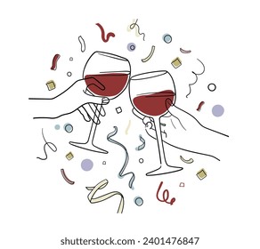 Continuous line red wine cheers one line art, continuous drawing contour on white background. 2024 Cheers toast festive decoration for holidays. Vector illustration