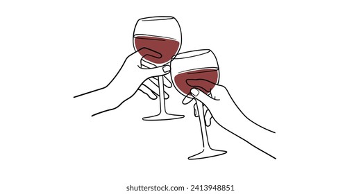 Continuous line red wine cheers one line art, continuous drawing contour. Hands toasting with wine glasses with drinks. Cheers toast festive decoration for holidays. Vector illustration