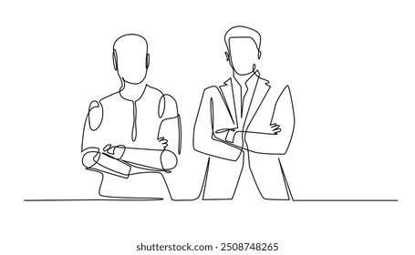 linha contínua de robô e homem de negócios dobrando mãos.um desenho de linha do homem amigável com a tecnologia AI.interagindo com AI.ilustração vetor linha única.traço editável