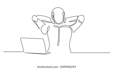 Línea continua de robot sosteniendo la cabeza y frente al portátil. Dibujo de línea de robot trabajando con laptop. Ilustración de línea de robot hombre. Vector de línea única