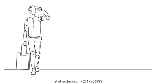 continuous line of robot traveling with suitcase bag.one line drawing of robot enjoying vacation.single line vector illustration.isolated white background