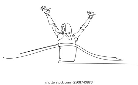 continuous line of robot winning running competition.one line drawing of AI robot technology winning running race,victory ribbon.single line vector illustration.editable stroke