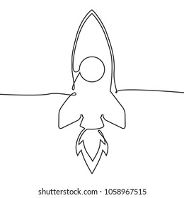 Continuous line rocket flight icon, isolated on white