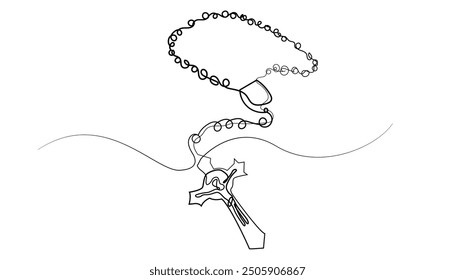 Línea continua de collar de rosario. Dibujo de una línea de rosario con Jesús cruzado. Ilustración vectorial de una sola línea. Fondo blanco aislado