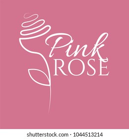 Continuous line rose with leaves - abstract modern logo or decoration element. Single outline drawing of fancy flower form. Vector illustration of blossom isolated on pink background.