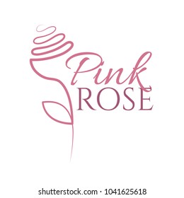 Continuous line rose with leaves and sign - abstract modern decoration or floral logo. Vector illustration of single outline drawing of flower form isolated on white background.