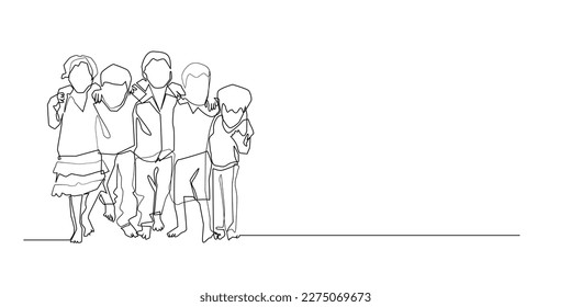 continuous line of rural children. portrait of rural children standing and embracing each other.single line of children