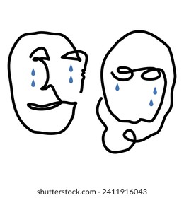 continuous line, sad face with tears. 