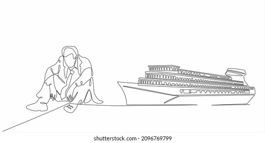 
continuous line sad man wants to buy a ship