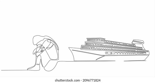 
continuous line sad woman wants to buy a ship