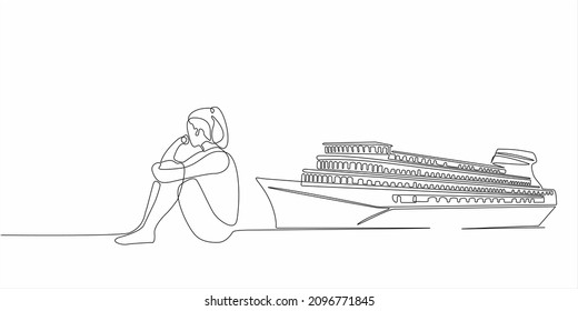 
continuous line sad woman wants to buy a ship