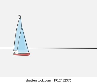 Continuous line, Sailing ship yachts with sails in the Sea. Drawing of set Beach. (Vector illustration one line drawing)