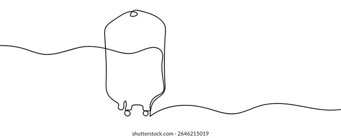 Continuous line, saline bag, blood bag, hospital Minimal hand drawn line vector cut out background.