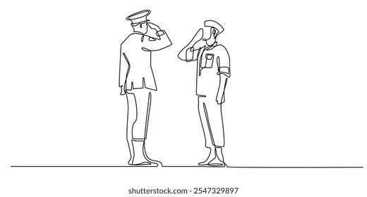 continuous line salute to military seniors.one line drawing of military personnel doing salute to seniors during ceremony.single line of man in military uniform doing salute