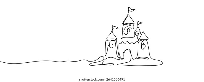 Continuous line, sand castle, summer, beach Hand drawn vector art lines on transparent background.