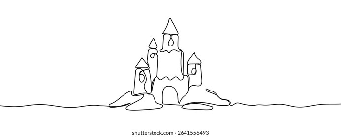 Continuous line, sand castle, summer, beach Hand drawn vector art lines on transparent background.