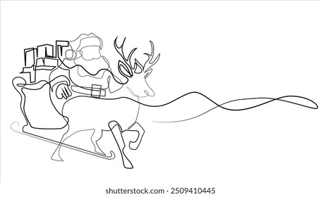 continuous line of santa claus riding a reindeer sleigh. one line drawing of santa claus dividing presents at christmas.single line christmas day.isolated white background