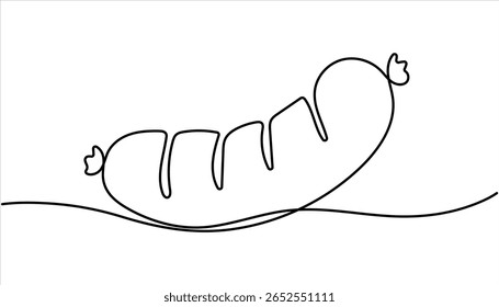   
Continuous line, sausage, Sai Us food vector illustration. Continuous one line drawing of American breakfast. Grilled sausage continuous one line art drawing.