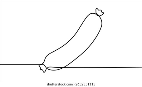   
Continuous line, sausage, Sai Us food vector illustration. Continuous one line drawing of American breakfast. Grilled sausage continuous one line art drawing.