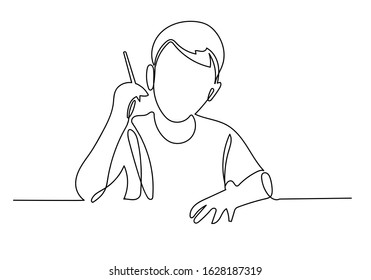 Continuous line of schoolboy raising his hand and pencil, idea and school concept for school.
