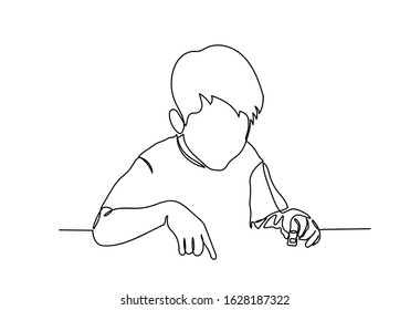 Continuous line of schoolboy raising his hand and pencil, idea and school concept for school.